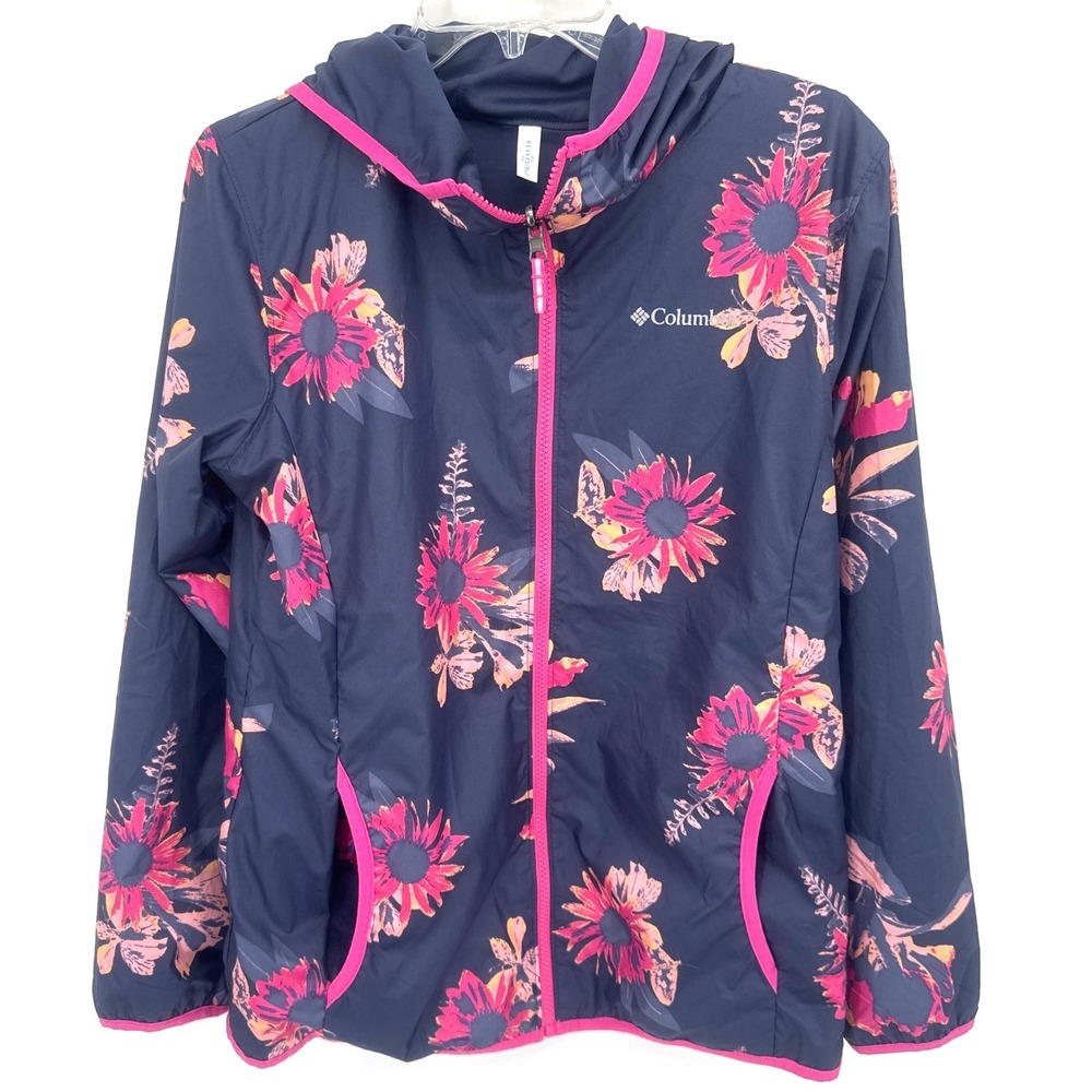 Columbia Girls Jacket XL 18/20 Navy Blue Floral Windbreaker‎ Full Zip Reversible